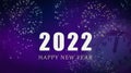 2022 Happy New Year card with clock and fireworks. Royalty Free Stock Photo