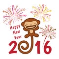 Happy new year 2016 card is cute monkey and firework Royalty Free Stock Photo