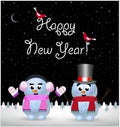 Happy new year card of cute snowman and snowgirl on night landscape background