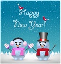 Happy new year card of cute snowman and snowgirl on winter landscape background