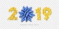 Happy New year card. 3D gift blue ribbon bow, gold number 2019 isolated white transparent background. Golden texture Royalty Free Stock Photo