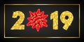 Happy New year card. 3D gift box, ribbon bow, gold number 2019 isolated black background. Golden texture Christmas Royalty Free Stock Photo