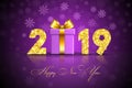 Happy New year card. 3D gift box, ribbon bow, gold number 2019 isolated black background. Golden texture Christmas Royalty Free Stock Photo