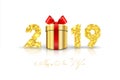 Happy New year card. 3D gift box, ribbon bow, gold number 2019 isolated white background. Golden texture Christmas Royalty Free Stock Photo