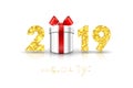 Happy New year card. 3D gift box, ribbon bow, gold number 2019 isolated white background. Golden texture Christmas Royalty Free Stock Photo