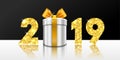 Happy New year card. 3D gift box, ribbon bow, gold number 2019 isolated white-black background. Golden texture Christmas Royalty Free Stock Photo