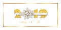 Happy New year card. 3D gift ribbon bow, gold frame number 2019 isolated white background. Golden texture Christmas Royalty Free Stock Photo