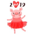 2019 Happy New Year card design. Symbol of the Chinese calendar cute pig greets with love. Dancing piglet in a ballet