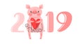 2019 Happy New Year card design. Vector illustration with 2019 numbers and sweet pig greets with love. Figures and