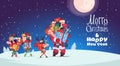 Happy New Year Card With Elves, Reindeer And Santa Carrying Gift Boxes Royalty Free Stock Photo