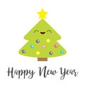 Happy New Year card. Fir Christmas tree with star top tip, light ball toy set. Cute cartoon kawaii smiling character. Flat design