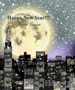 Happy New Year card with full moon over city skyscrapers. Vector snowy night illustrations Royalty Free Stock Photo