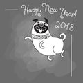 Happy 2018 New Year card. Funny pug congratulates on holiday. Dog Chinese zodiac symbol of the year. Royalty Free Stock Photo