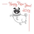 Happy 2018 New Year card. Funny pug congratulates on holiday. Dog Chinese zodiac symbol of the year. Royalty Free Stock Photo