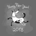 Happy 2018 New Year card. Funny puppy congratulates on holiday. Dog Chinese zodiac symbol of the year. Royalty Free Stock Photo