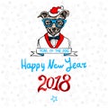 Happy 2018 New Year card. Funny puppy congratulates on holiday. Dog Chinese zodiac symbol of the year. Vector illustration. Royalty Free Stock Photo