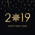 Happy New Year 2019 card with gold numbers and snowflake, golden confetti. Holiday poster, banner. Vector. Royalty Free Stock Photo