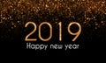 2019 New Year`s eve glam card, illustration with golden glitter falling on black background Royalty Free Stock Photo