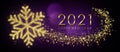 2021 Happy New Year Card With Golden Snowflake In Abstract Purple Night