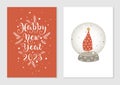 Happy New Year 2023 card. Handwritten lettering with decorative twigs. Glass ball with Christmas tree