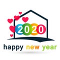 Happy New Year 2020 card and heart home love concept colorful greeting text design in colored on white background Royalty Free Stock Photo