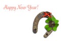 Happy New year card with horseshoe and lucky clover isolated on white Royalty Free Stock Photo