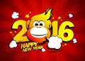 Happy new year 2016 card with hot fiery monkey against red rays backdrop.