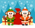 Happy New Year card with monkey santa claus and monkey elf