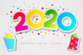 Happy 2020 New Year card in paper style with presents, for your seasonal holidays flyers, Royalty Free Stock Photo