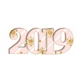 Happy new year card. Pink striped number 2019, gold snowflake texture, isolated white background. Bright graphic design Royalty Free Stock Photo