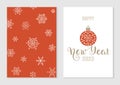 Happy New Year 2023 card, poster. Season`s Greetings.  Brush pen lettering. Decorative red background with white snowflakes Royalty Free Stock Photo