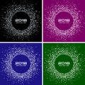 Happy New Year 2018 Card Set Vector Backgrounds. Bright Colorful Disco Lights Halftone Circle Frames. Royalty Free Stock Photo