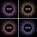 Happy New Year 2018 Card Set Vector Backgrounds. Bright Colorful Disco Lights Halftone Circle Frames. Royalty Free Stock Photo
