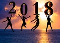 Happy new year card 2018. Silhouette young woman jumping on tropical beach over the sea and 2018 number with sunset background Royalty Free Stock Photo