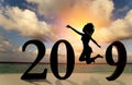 Happy new year card 2019. Silhouette young woman jumping on tropical beach over the sea and 2019 number with sunset background Royalty Free Stock Photo
