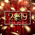 Happy New Year 2019 card with sparklers, bow and blurred golden