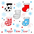 Happy New Year card with a stylized christmas socks on white bac
