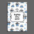Happy new year card template with cute cartoon penguin