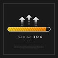 Happy New Year 2019 card theme. yellow loading time button with arrow on black background Royalty Free Stock Photo