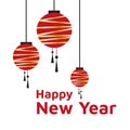 Happy New Year card. Vector illustration with chinese lanterns and bright red text on white background.