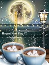 Happy New Year card with warm drinks over snowy winter background. Full moon and night bridge silhouette Vector Royalty Free Stock Photo