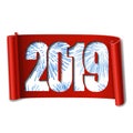 Happy new year card. White number 2019, blue firework. Scroll 3D isolated white background. Red ribbon handscroll Royalty Free Stock Photo