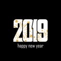 Happy new year card. White number 2019 with gold snowflakes, isolated black background. Golden firework. Bright design Royalty Free Stock Photo