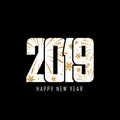 Happy new year card. White number 2019 with gold snowflakes, isolated black background. Golden firework. Bright design Royalty Free Stock Photo