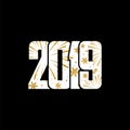 Happy new year card. White number 2019 with gold snowflakes, isolated black background. Golden firework. Bright design Royalty Free Stock Photo