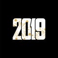 Happy new year card. White number 2019 with gold snowflakes, isolated black background. Golden firework. Bright design Royalty Free Stock Photo