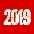 Happy new year card. White number 2019 with gold sparkles, isolated red background. Golden firework. Bright design for Royalty Free Stock Photo