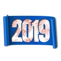 Happy new year card. White number 2019, red firework. 3D scroll isolated white background. Blue ribbon handscroll Royalty Free Stock Photo