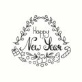 Happy New Year Card. Winter Holiday Typography. Handdrawn Lettering. Frame With Line Art Christmas Elements.