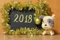 Happy 2018 New Year card - Yellow dog Stock Photos Royalty Free Stock Photo